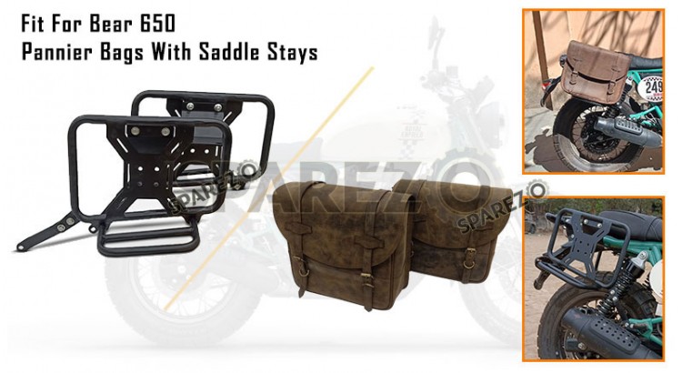 For Royal Enfield Bear 650 Canvas and Leather Pannier Bags Dust Color With Saddle Stays - SPAREZO